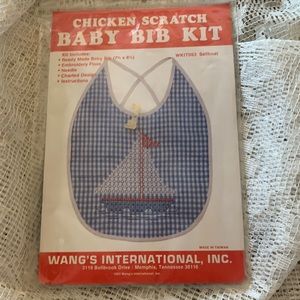 VINTAGE CHICKEN SCRATCH BABY BIB KIT NEEDLE WORK BLUE/WHITE SAILBOAT 1983 NWOTS